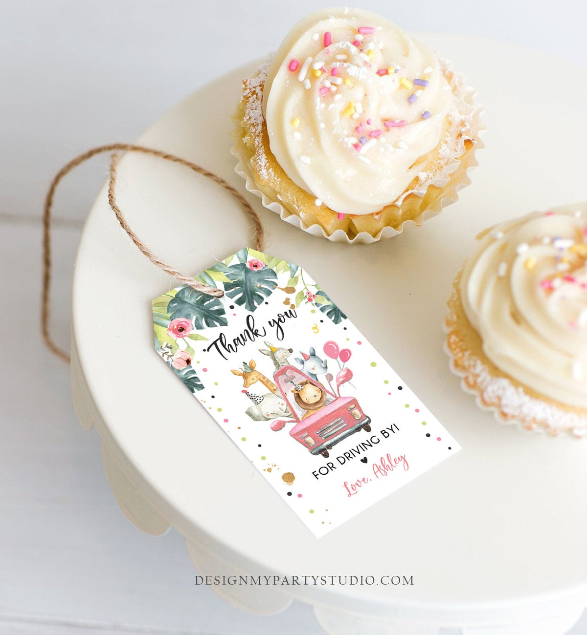 Editable Drive By Favor Tag Drive Through Birthday Party Parade Thank You Baby Shower Tags Pink Girl Safari Animals Corjl Template 0345