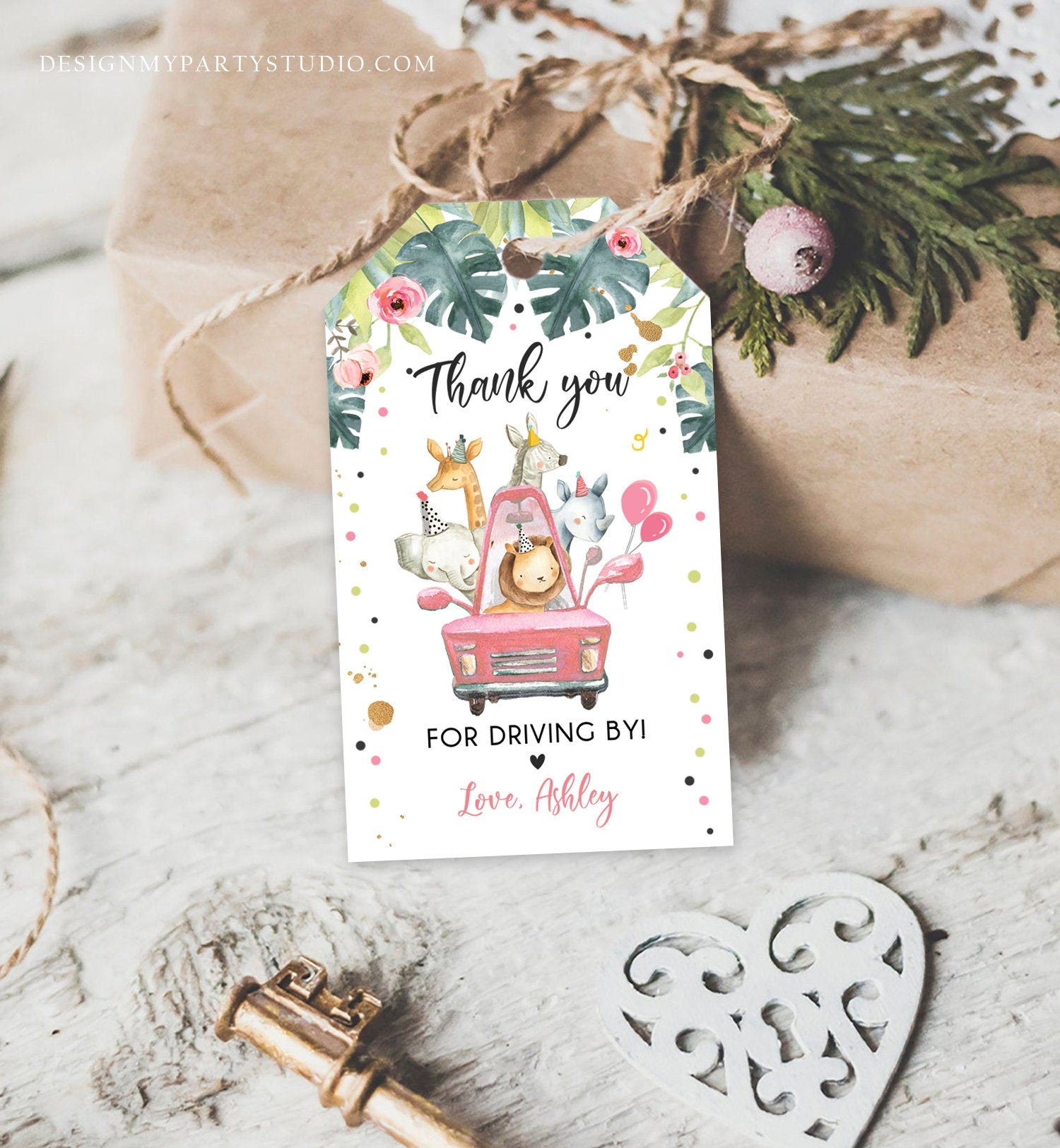 Editable Drive By Favor Tag Drive Through Birthday Party Parade Thank You Baby Shower Tags Pink Girl Safari Animals Corjl Template 0345