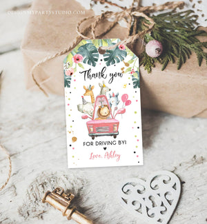 Editable Drive By Favor Tag Drive Through Birthday Party Parade Thank You Baby Shower Tags Pink Girl Safari Animals Corjl Template 0345
