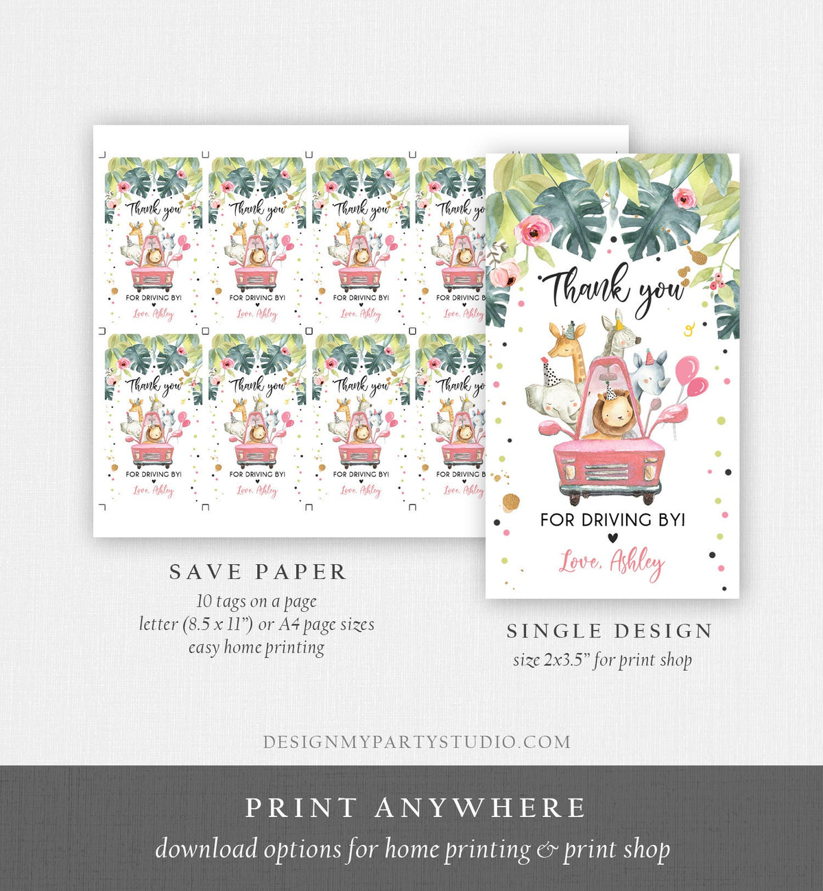Editable Drive By Favor Tag Drive Through Birthday Party Parade Thank You Baby Shower Tags Pink Girl Safari Animals Corjl Template 0345