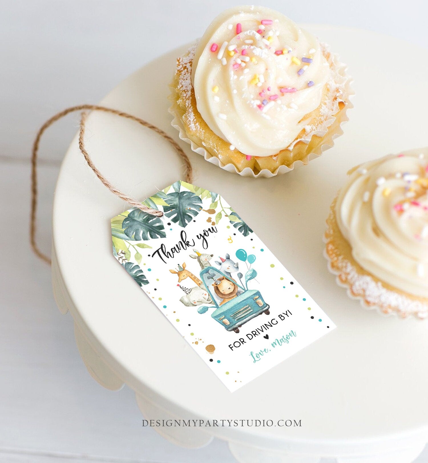 Editable Drive By Favor Tag Drive Through Birthday Party Parade Thank You Baby Shower Tags Blue Boy Safari Animals Corjl Template 0345