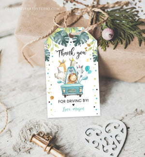 Editable Drive By Favor Tag Drive Through Birthday Party Parade Thank You Baby Shower Tags Blue Boy Safari Animals Corjl Template 0345
