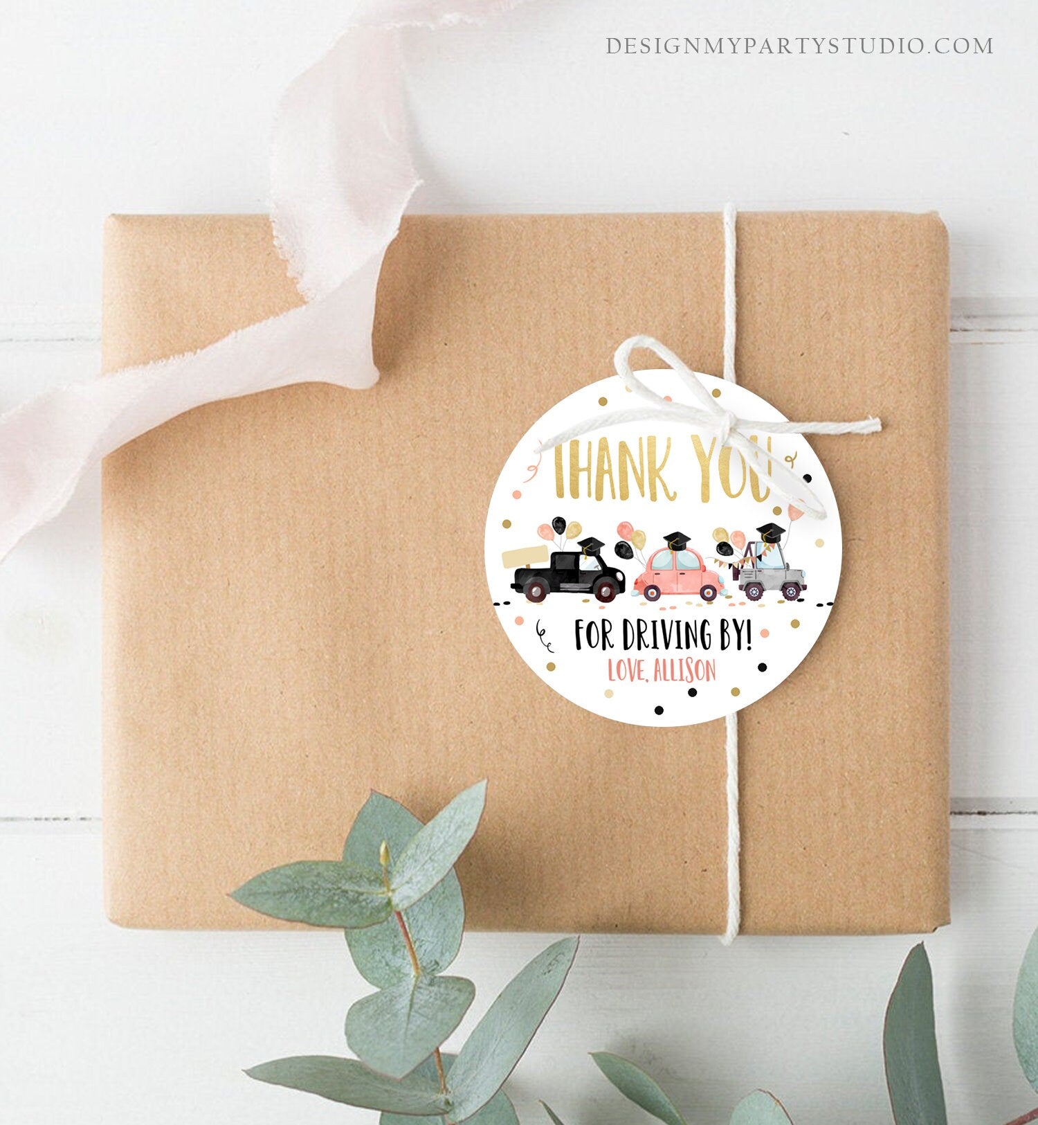 Editable Drive By Favor Tag Drive Through Graduation Parade Thank You Gift Tags Quarantine Gold Coral Pink High School Graduate Corjl 0337