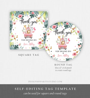 Editable Drive By Favor Tag Thank You Driving By Safari Animals Baby Shower Birthday Parade Gift Tags Quarantine Pink Car Girl Corjl 0345