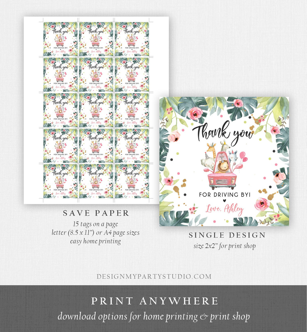 Editable Drive By Favor Tag Thank You Driving By Safari Animals Baby Shower Birthday Parade Gift Tags Quarantine Pink Car Girl Corjl 0345