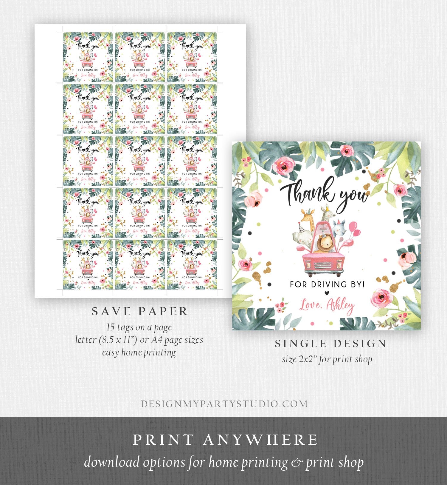 Editable Drive By Favor Tag Thank You Driving By Safari Animals Baby Shower Birthday Parade Gift Tags Quarantine Pink Car Girl Corjl 0345