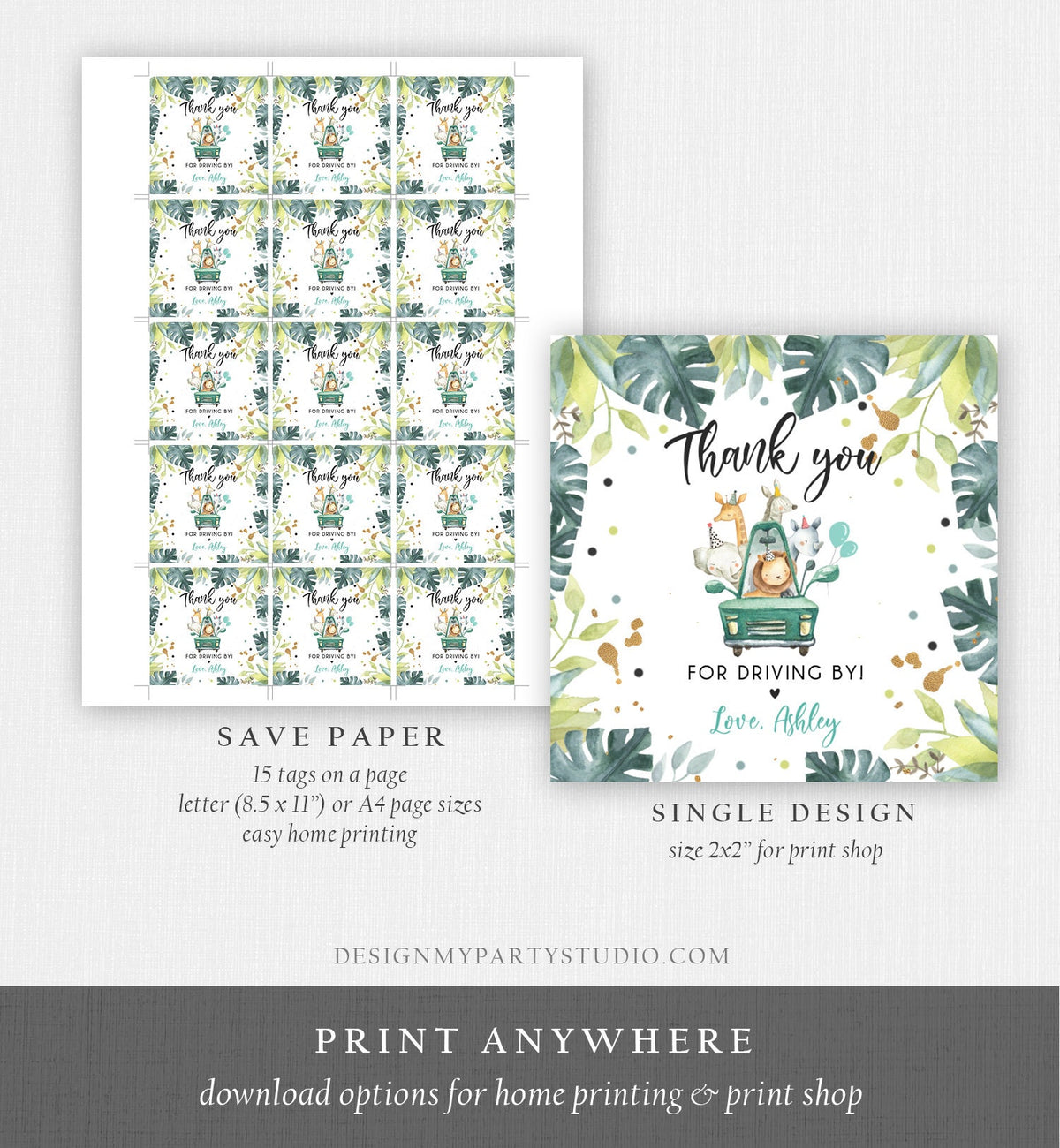 Editable Drive By Favor Tag Thank You Driving By Safari Animals Baby Shower Birthday Parade Gift Tags Quarantine Blue Car Boy Corjl 0345