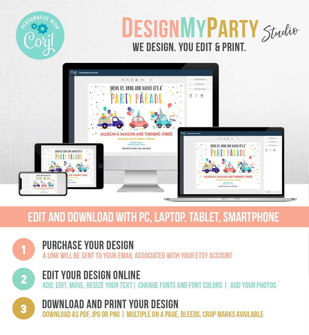 Editable Drive By Birthday Parade Invitation Virtual Party Invite Girl Boy Neutral Joint Birthday Quarantine Download Digital Corjl 0333