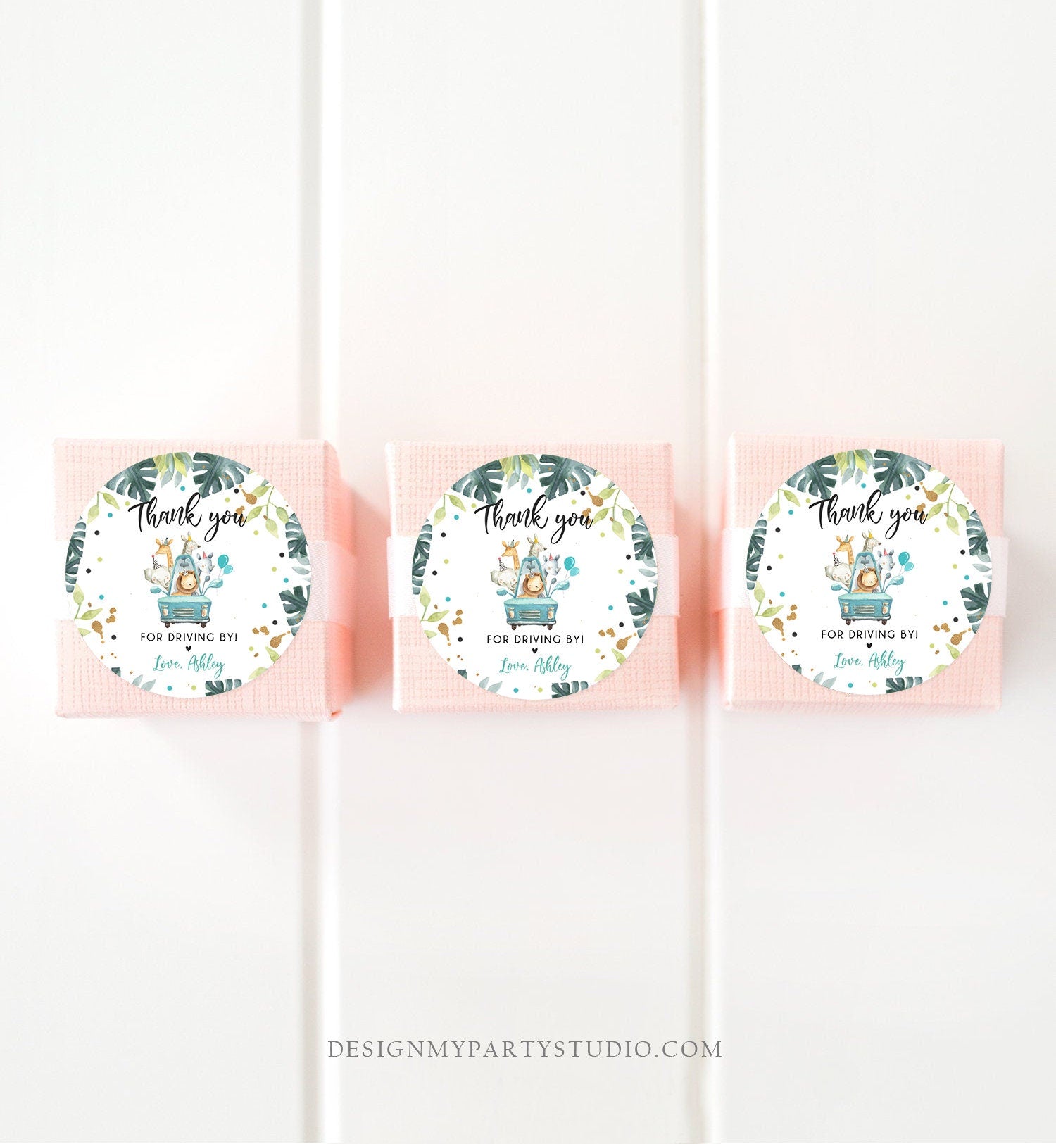 Editable Drive By Favor Tag Thank You Driving By Safari Animals Baby Shower Birthday Parade Gift Tags Quarantine Blue Car Boy Corjl 0345
