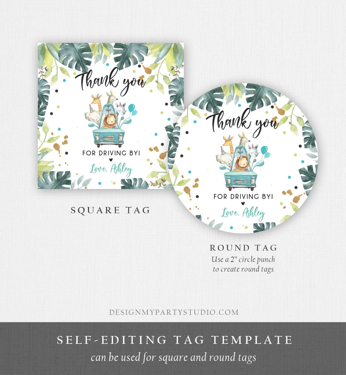 Editable Drive By Favor Tag Thank You Driving By Safari Animals Baby Shower Birthday Parade Gift Tags Quarantine Blue Car Boy Corjl 0345