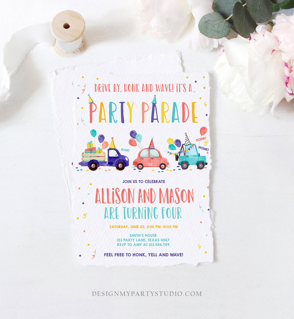 Editable Drive By Birthday Parade Invitation Virtual Party Invite Girl Boy Twin Joint Birthday Quarantine Download Digital Corjl 0333