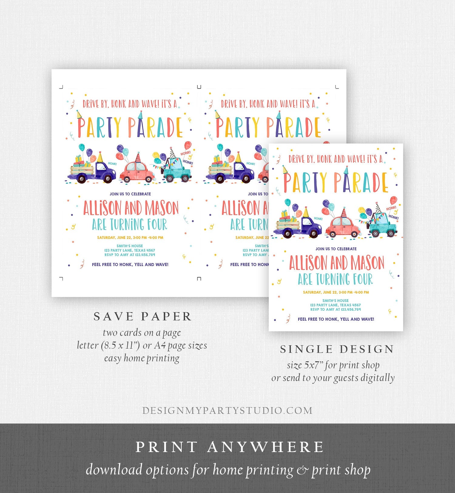 Editable Drive By Birthday Parade Invitation Virtual Party Invite Girl Boy Twin Joint Birthday Quarantine Download Digital Corjl 0333