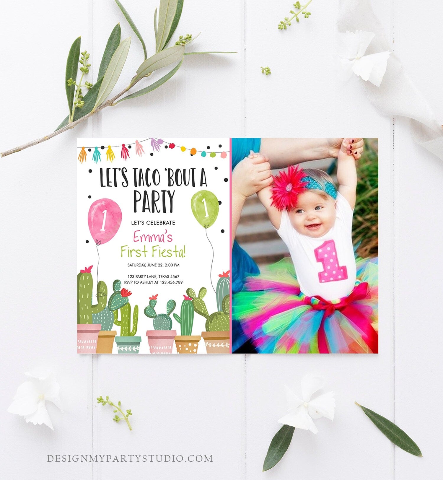 Editable Taco Bout a Party Birthday Invitation ANY AGE Fiesta Cactus Succulent 1st First Birthday Mexican Girl Pink Corjl Template 0254