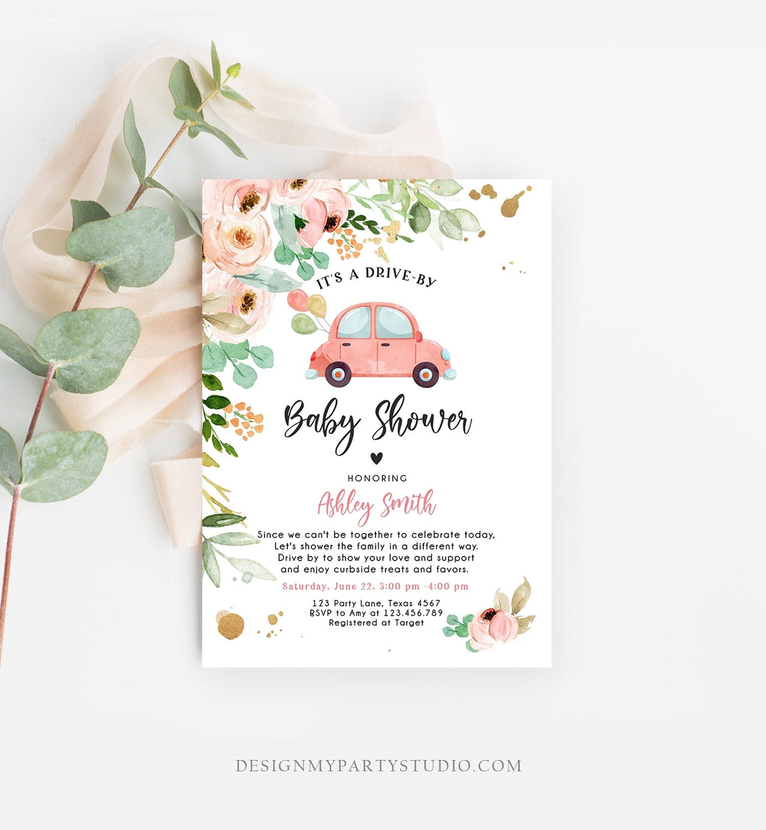 Editable Drive By Baby Shower Invitation Pink Coral Gold Girl Baby Shower Invite Quarantine Car Parade Floral Template Download Corjl 0346