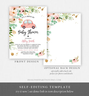 Editable Drive By Baby Shower Invitation Pink Coral Gold Girl Baby Shower Invite Quarantine Car Parade Floral Template Download Corjl 0346