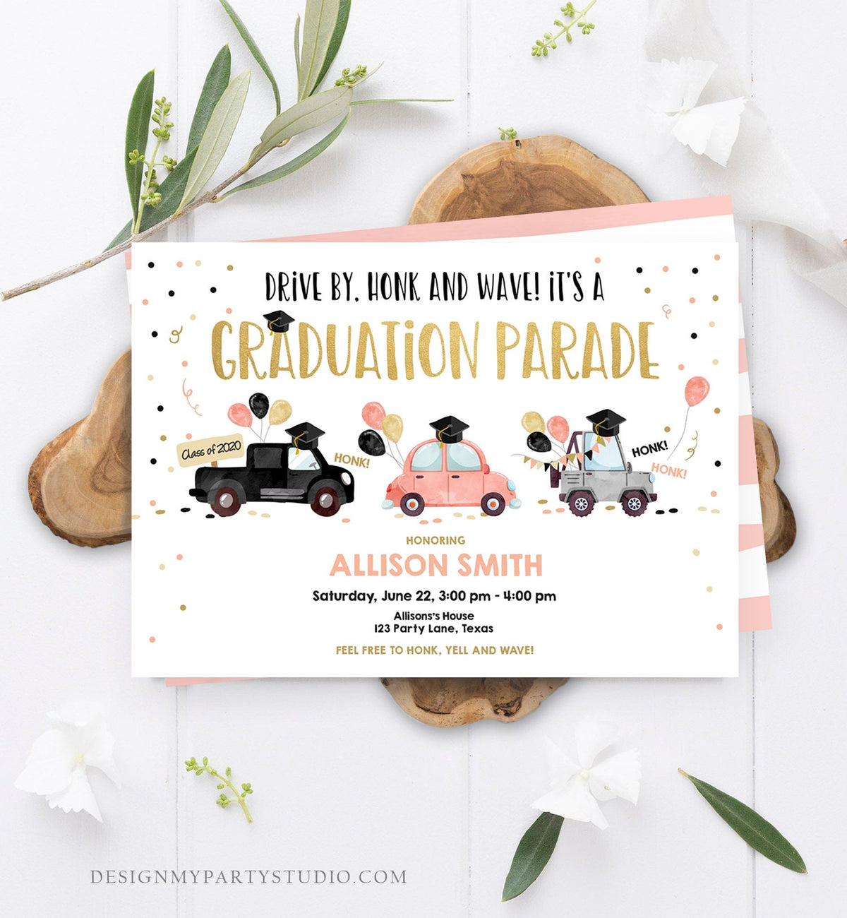 Editable Drive By Graduation Parade Invitation Virtual Party Coral Girl Graduate High School Grad Class 2021 Quarantine Digital Corjl 0337