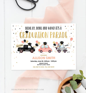 Editable Drive By Graduation Parade Invitation Virtual Party Coral Girl Graduate High School Grad Class 2021 Quarantine Digital Corjl 0337