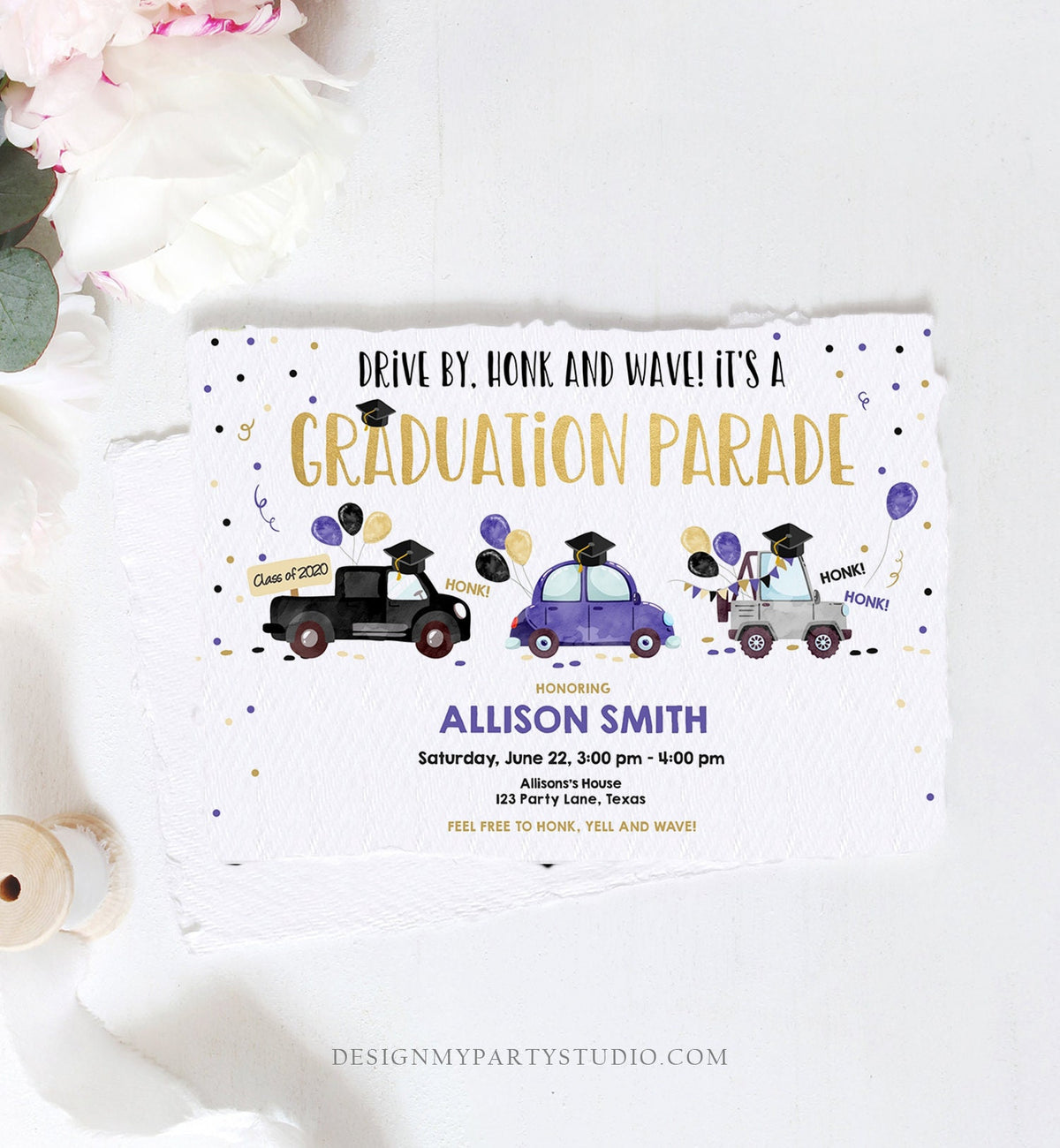 Editable Drive By Graduation Parade Invitation Virtual Party Blue Girl Graduate High School Grad Class 2021 Quarantine Digital Corjl 0337