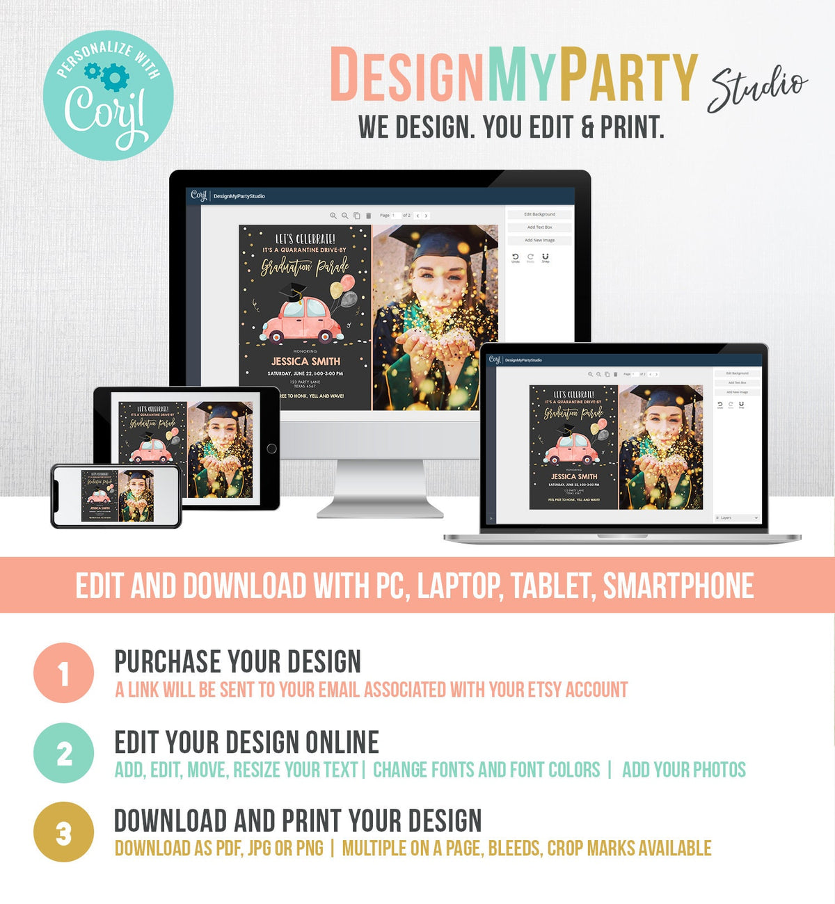 Editable Drive By Graduation Parade Invitation Virtual Party Coral Girl Graduate High School Grad Class 2021 Quarantine Digital Corjl 0337