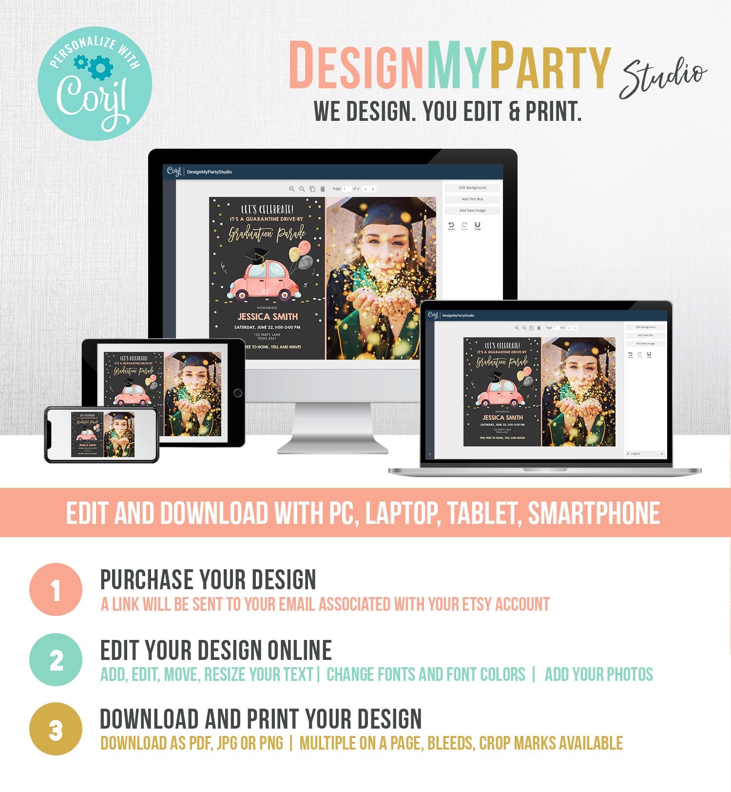 Editable Drive By Graduation Parade Invitation Virtual Party Coral Girl Graduate High School Grad Class 2021 Quarantine Digital Corjl 0337