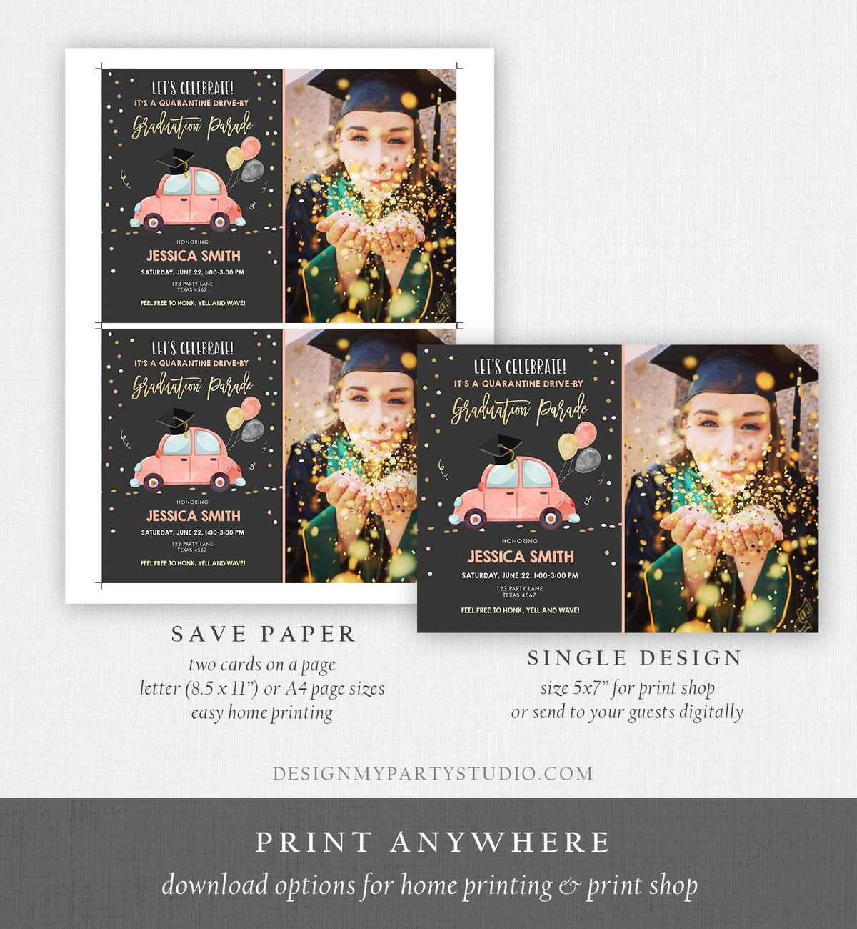 Editable Drive By Graduation Parade Invitation Virtual Party Coral Girl Graduate High School Grad Class 2021 Quarantine Digital Corjl 0337