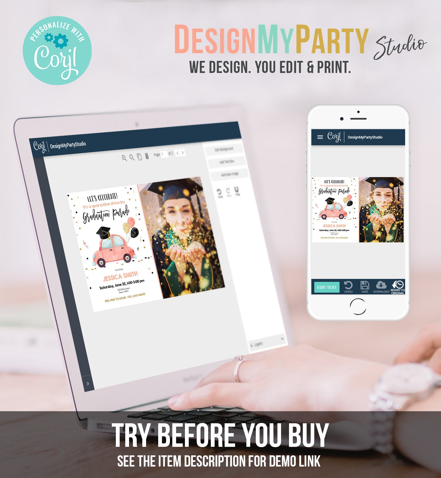 Editable Drive By Graduation Parade Invitation Virtual Party Coral Girl Graduate High School Grad Class 2020 Quarantine Digital Corjl 0337