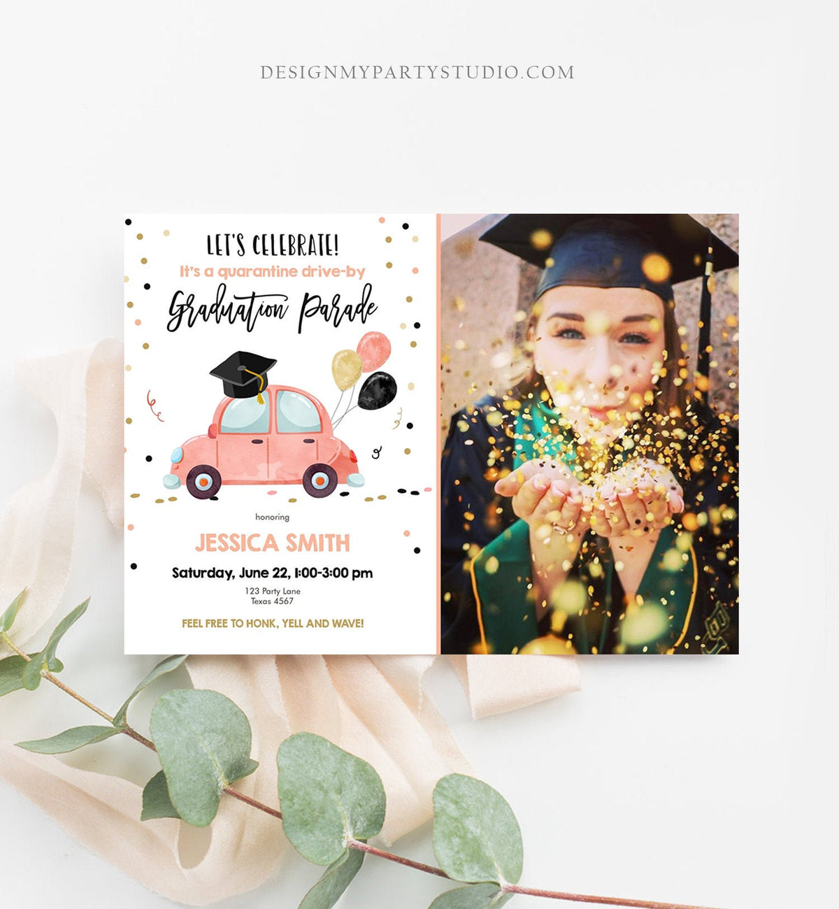 Editable Drive By Graduation Parade Invitation Virtual Party Coral Girl Graduate High School Grad Class 2020 Quarantine Digital Corjl 0337