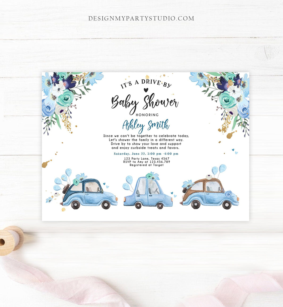 Editable Drive By Baby Shower Invitation Navy Blue Floral Boy Coed Shower Quarantine Drive Through Sprinkle Template Download Corjl 0335