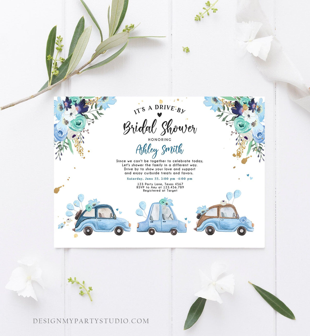 Editable Drive By Bridal Shower Invitation Navy Blue Floral Drive Through Couples Shower Social Distancing Bridal Shower Corjl Template 0335