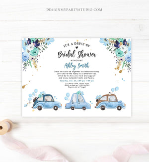 Editable Drive By Bridal Shower Invitation Navy Blue Floral Drive Through Couples Shower Social Distancing Bridal Shower Corjl Template 0335