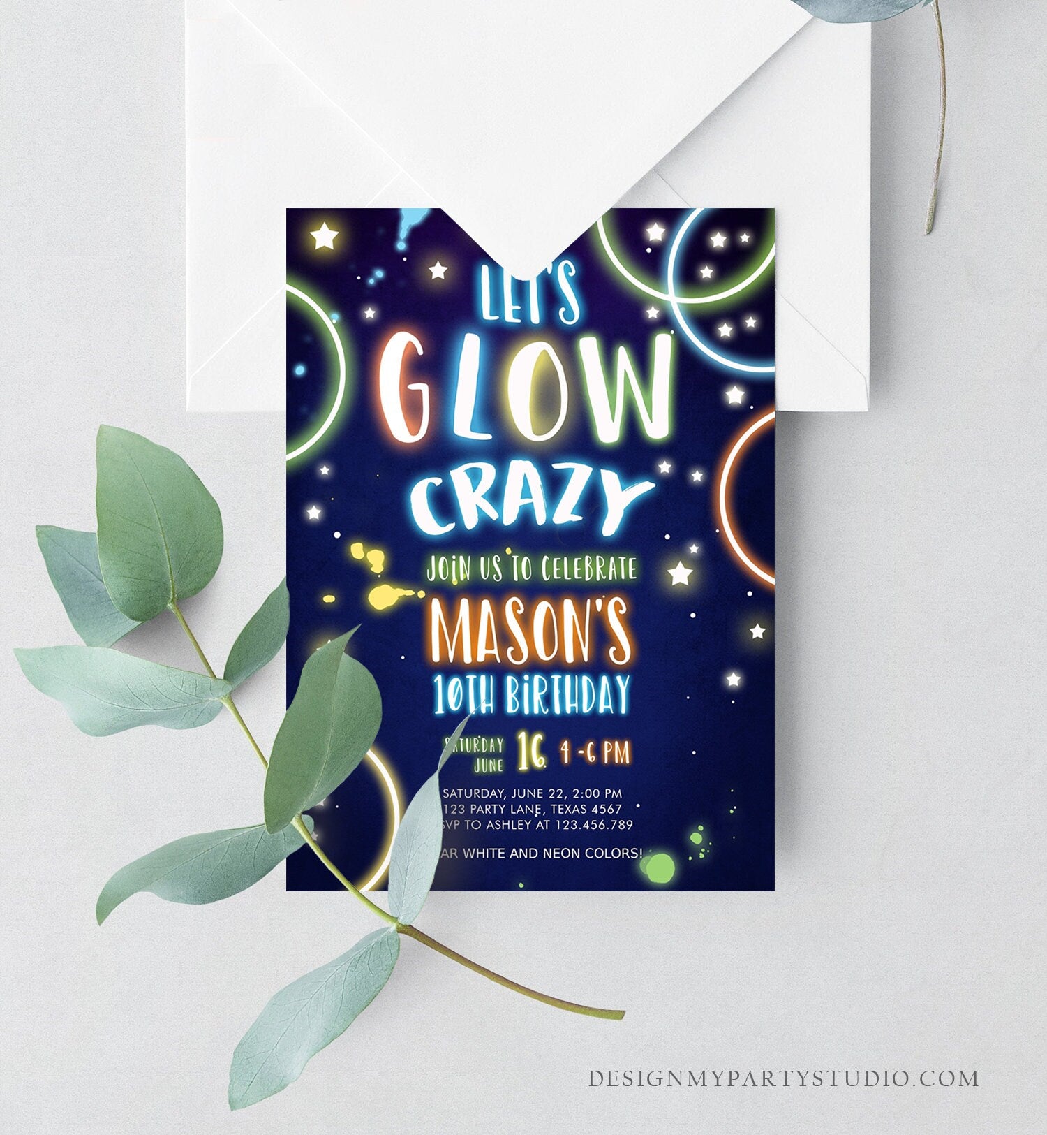 Editable Let's Glow Crazy Birthday Invitation Glow Party Neon Glow In The Dark Party Boy Teen Blue Download Printable Template Corjl 0172