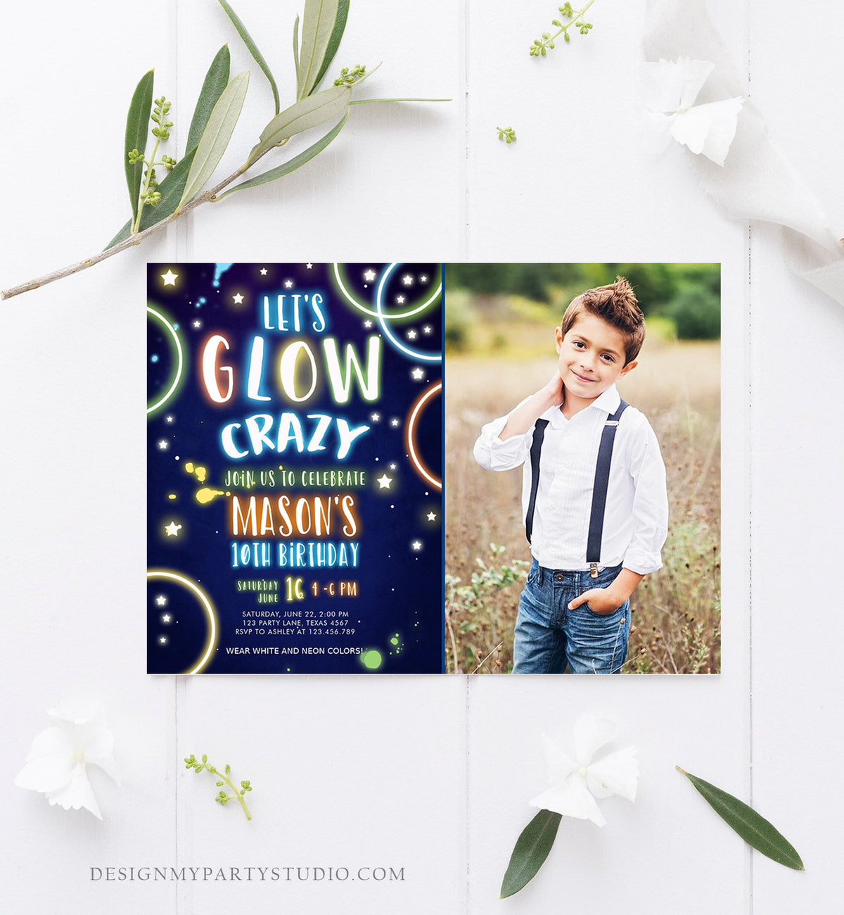 Editable Let&amp;#39;s Glow Crazy Birthday Invitation Glow Party Neon Glow In The Dark Party Boy Teen Blue Download Printable Template Corjl 0172