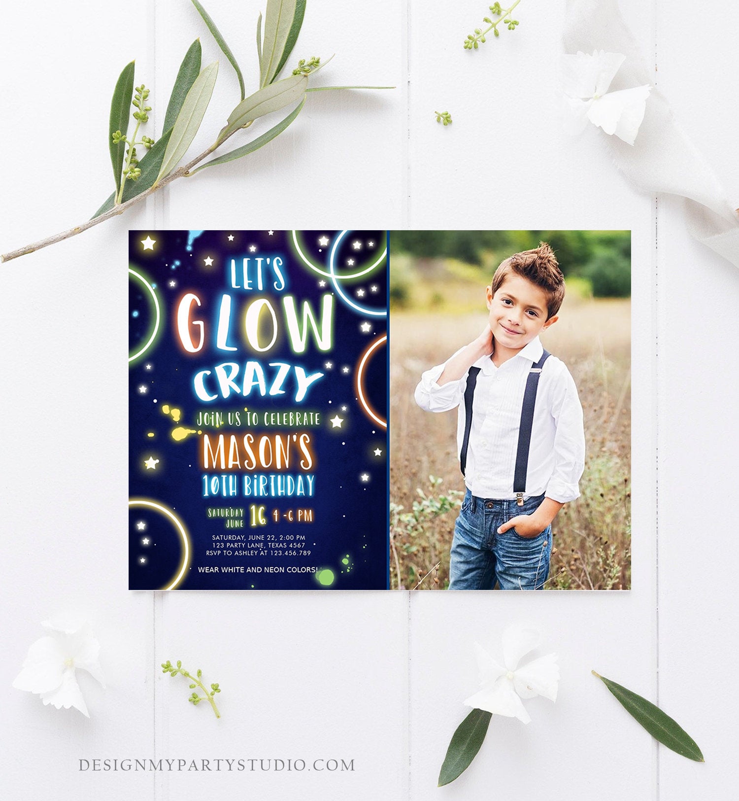 Editable Let&#39;s Glow Crazy Birthday Invitation Glow Party Neon Glow In The Dark Party Boy Teen Blue Download Printable Template Corjl 0172