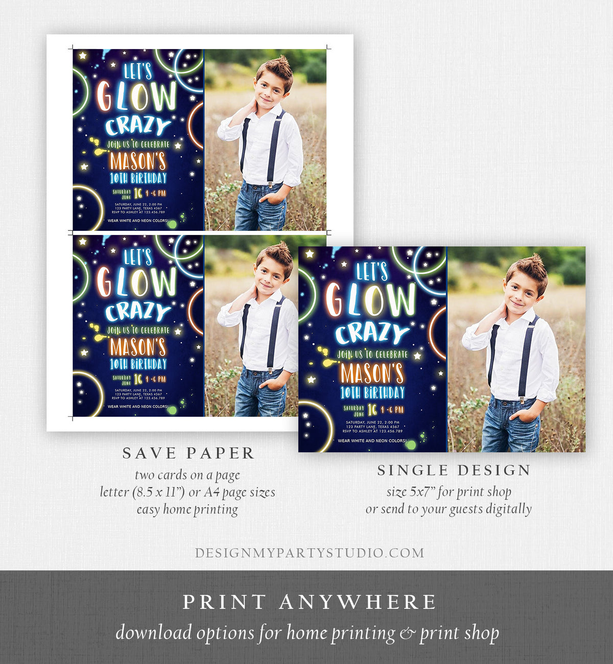 Editable Let&amp;#39;s Glow Crazy Birthday Invitation Glow Party Neon Glow In The Dark Party Boy Teen Blue Download Printable Template Corjl 0172