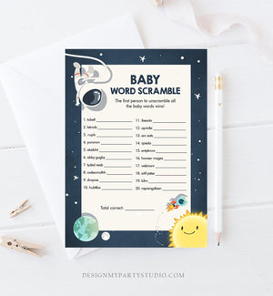 Editable Word Scramble Baby Shower Game Space Baby Shower Activity Astronaut Rocket Boy Space Ship Word Search Corjl Template Printable 0046