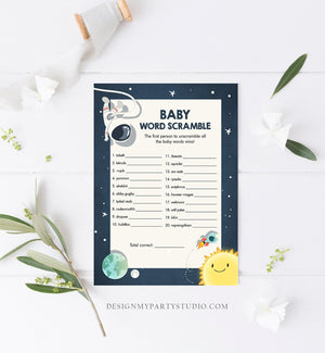Editable Word Scramble Baby Shower Game Space Baby Shower Activity Astronaut Rocket Boy Space Ship Word Search Corjl Template Printable 0046