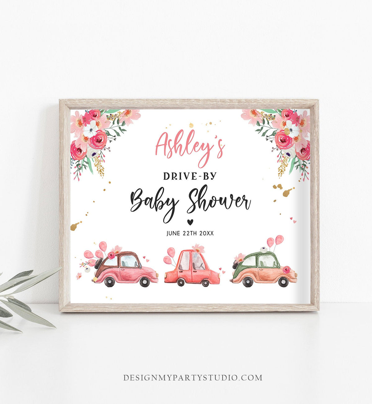Editable Drive By Baby Shower Sign Welcome Pink Gold Floral Girl Couples Quarantine Party Drive Through Parade Yard Sign Corjl Template 0335