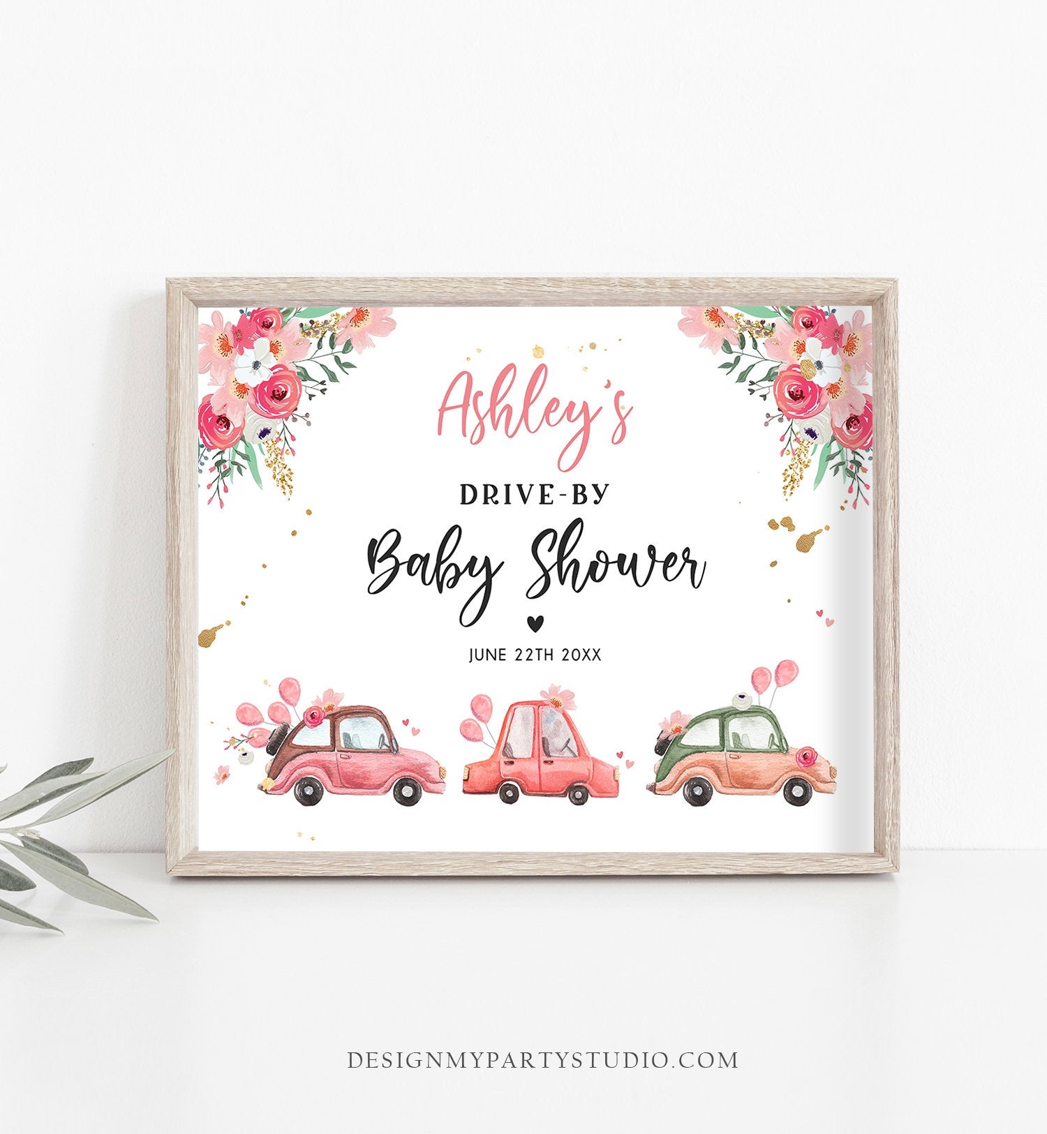 Editable Drive By Baby Shower Sign Welcome Pink Gold Floral Girl Couples Quarantine Party Drive Through Parade Yard Sign Corjl Template 0335