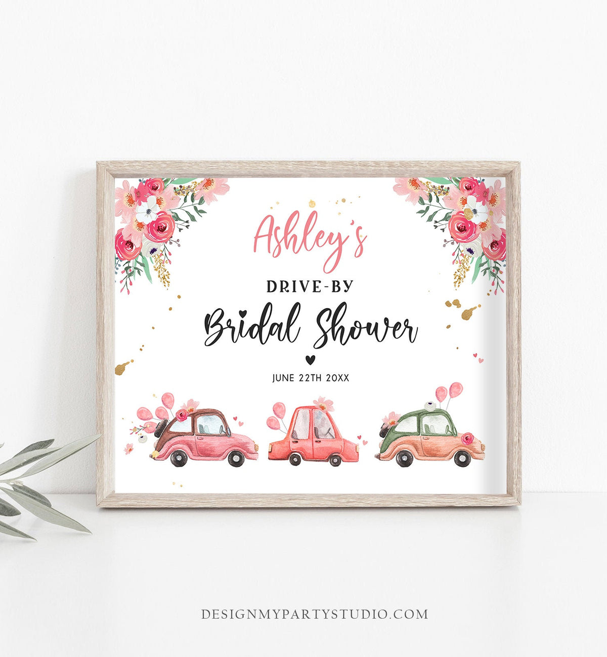 Editable Drive By Bridal Shower Sign Welcome Pink Gold Floral Couples Quarantine Party Drive Through Parade Yard Sign Corjl Template 0335