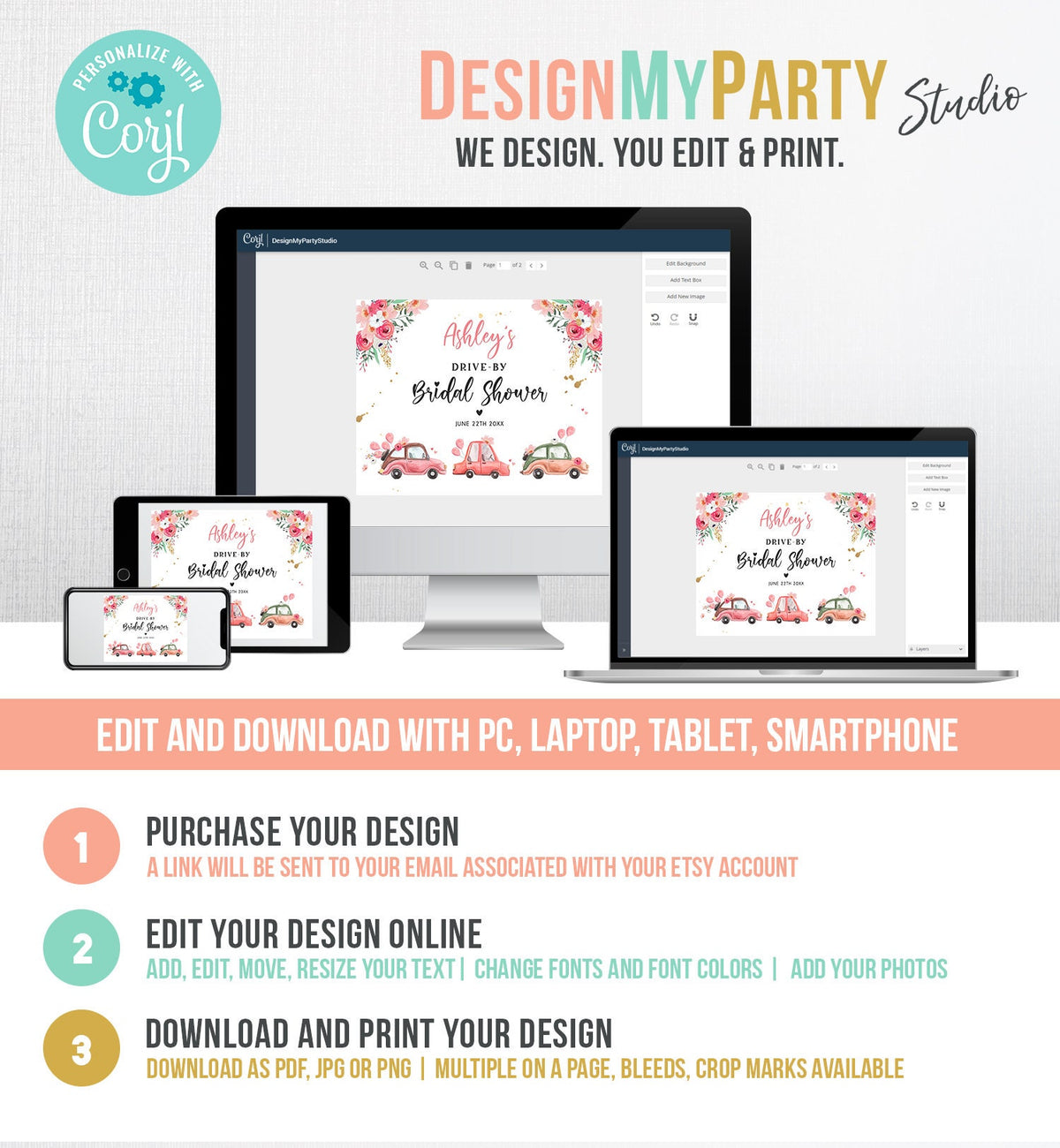 Editable Drive By Bridal Shower Sign Welcome Pink Gold Floral Couples Quarantine Party Drive Through Parade Yard Sign Corjl Template 0335