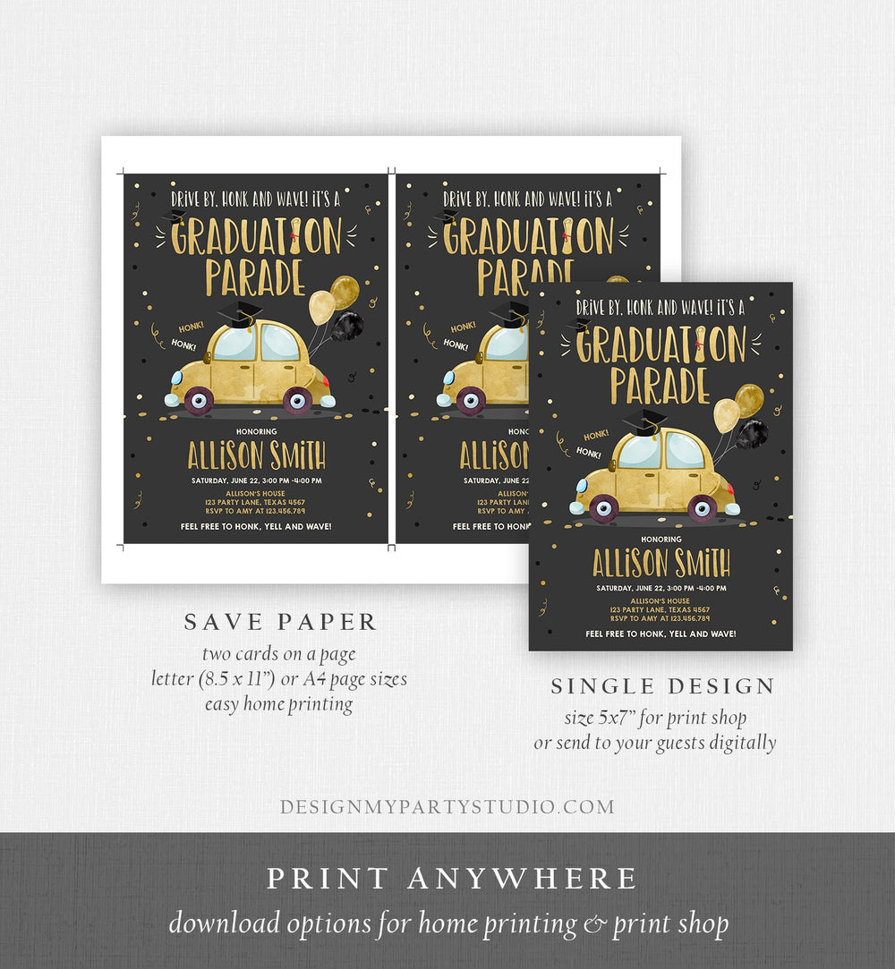 Editable Drive By Graduation Parade Invitation Drive Through Party Gol ...
