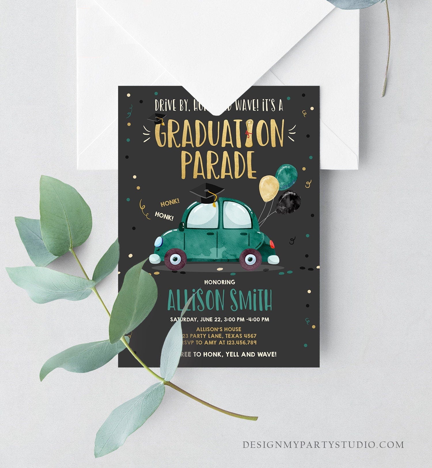 Editable Drive By Graduation Parade Invitation Drive Through Party Gold Green Quarantine Graduate 2021 High School Grad Download Corjl 0337