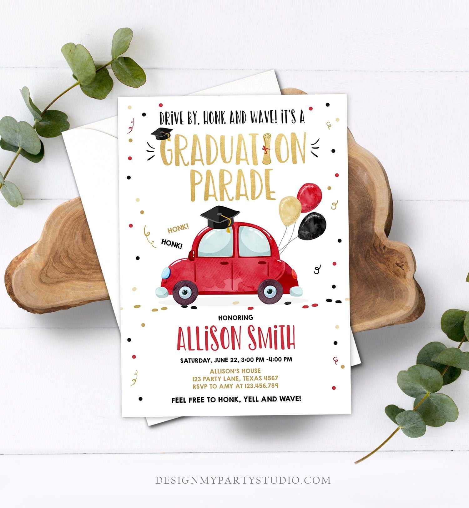 Editable Drive By Graduation Parade Invitation Drive Through Party Gold Red Quarantine Graduate 2021 High School Grad Download Corjl 0337