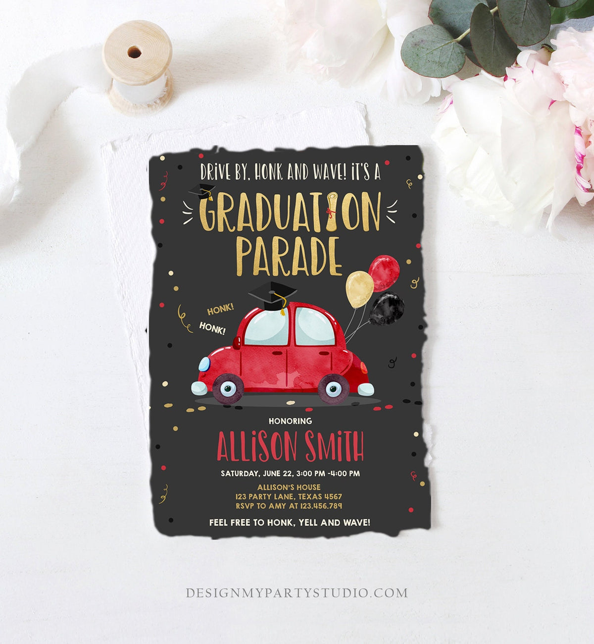 Editable Drive By Graduation Parade Invitation Drive Through Party Gold Red Quarantine Graduate 2021 High School Grad Download Corjl 0337