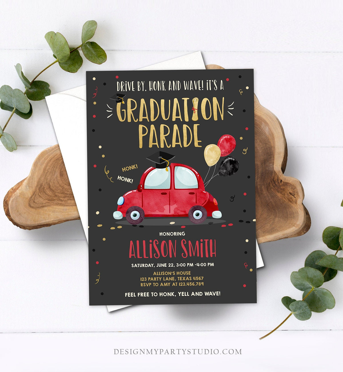 Editable Drive By Graduation Parade Invitation Drive Through Party Gold Red Quarantine Graduate 2021 High School Grad Download Corjl 0337