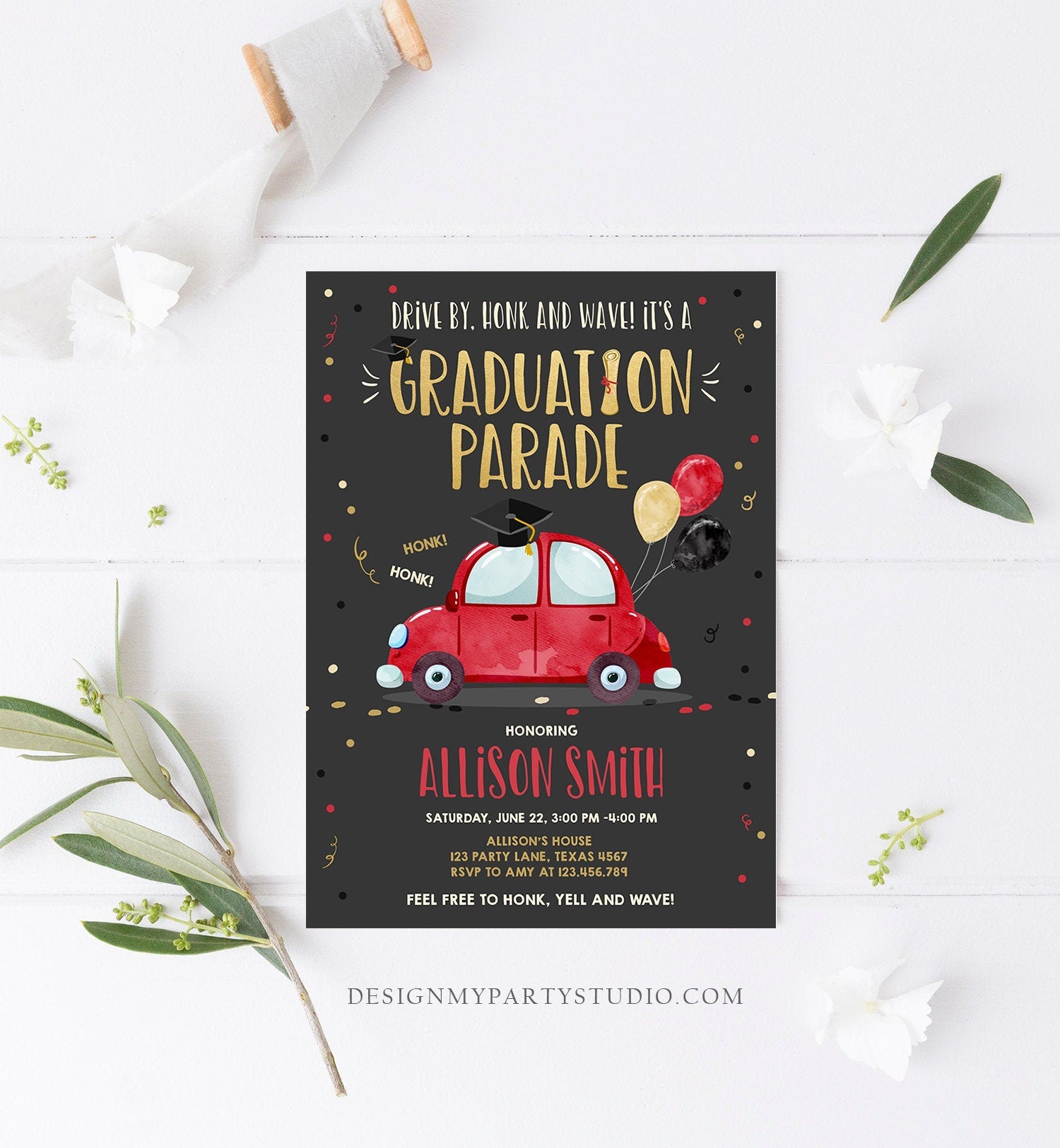 Editable Drive By Graduation Parade Invitation Drive Through Party Gold Red Quarantine Graduate 2021 High School Grad Download Corjl 0337