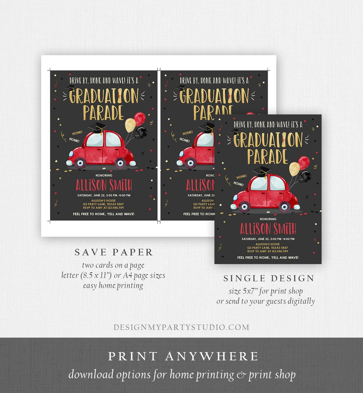 Editable Drive By Graduation Parade Invitation Drive Through Party Gold Red Quarantine Graduate 2021 High School Grad Download Corjl 0337