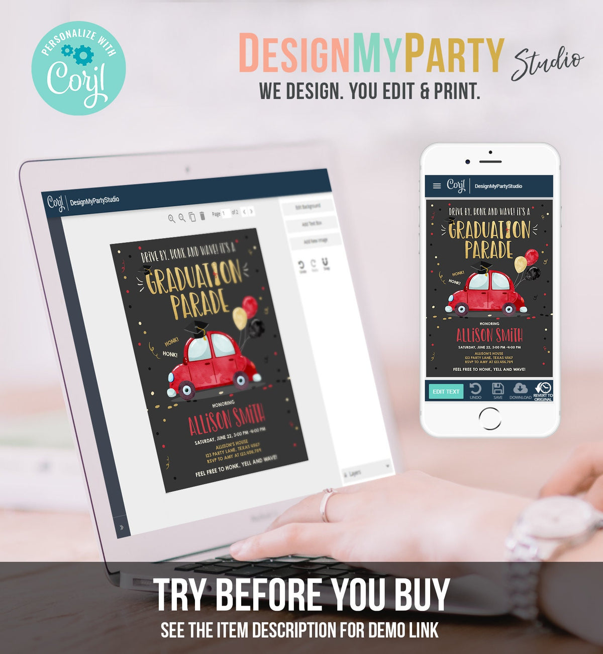 Editable Drive By Graduation Parade Invitation Drive Through Party Gold Red Quarantine Graduate 2021 High School Grad Download Corjl 0337