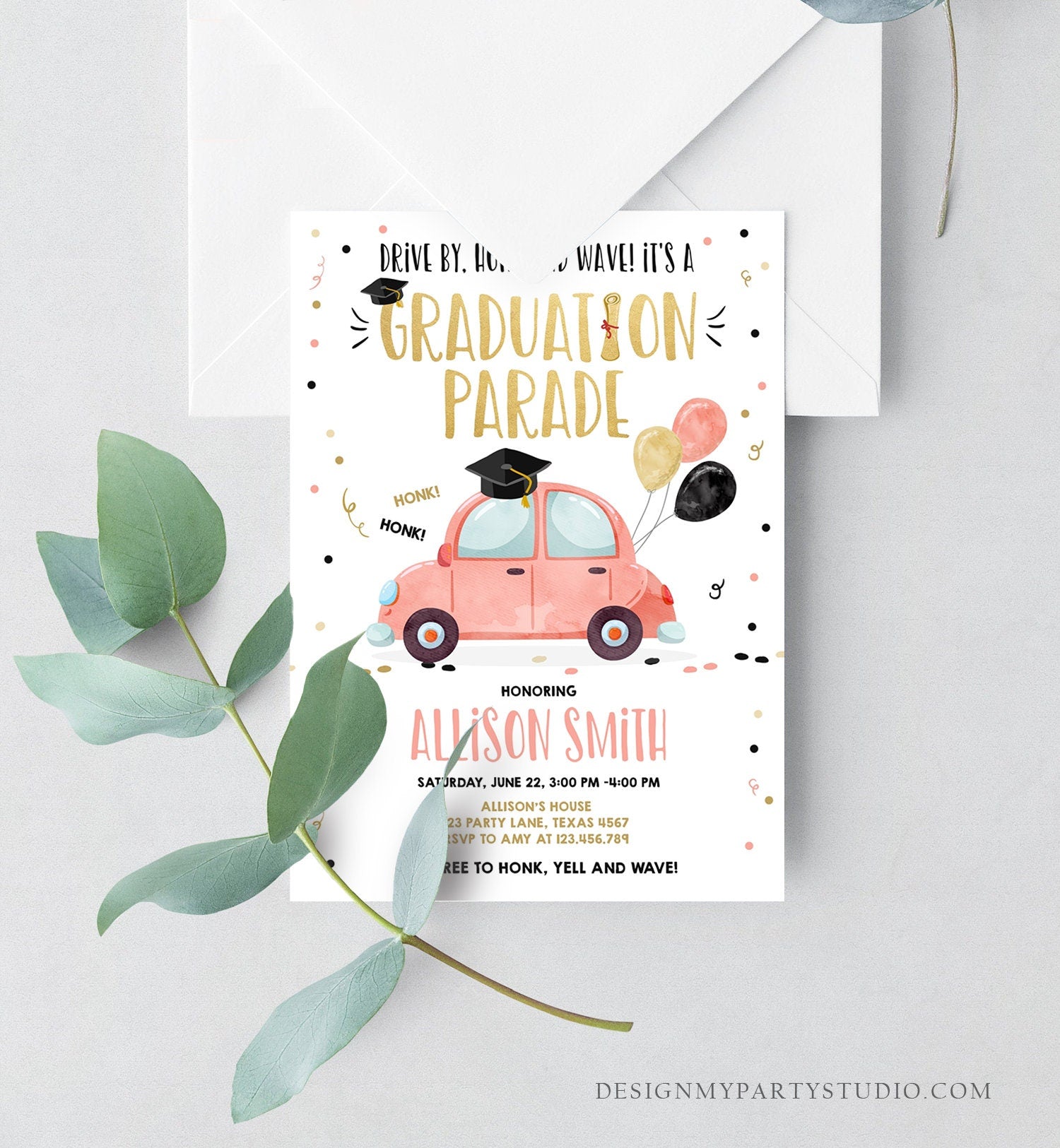 Editable Drive By Graduation Parade Invitation Drive Through Party Gold Coral Quarantine Graduate 2021 High School Grad Download Corjl 0337