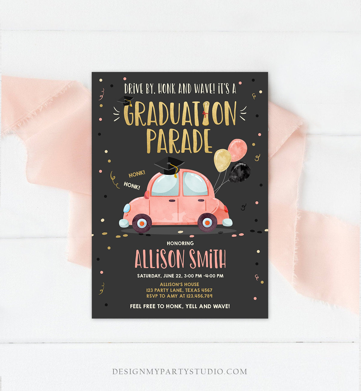 Editable Drive By Graduation Parade Invitation Drive Through Party Gold Coral Quarantine Graduate 2021 High School Grad Download Corjl 0337